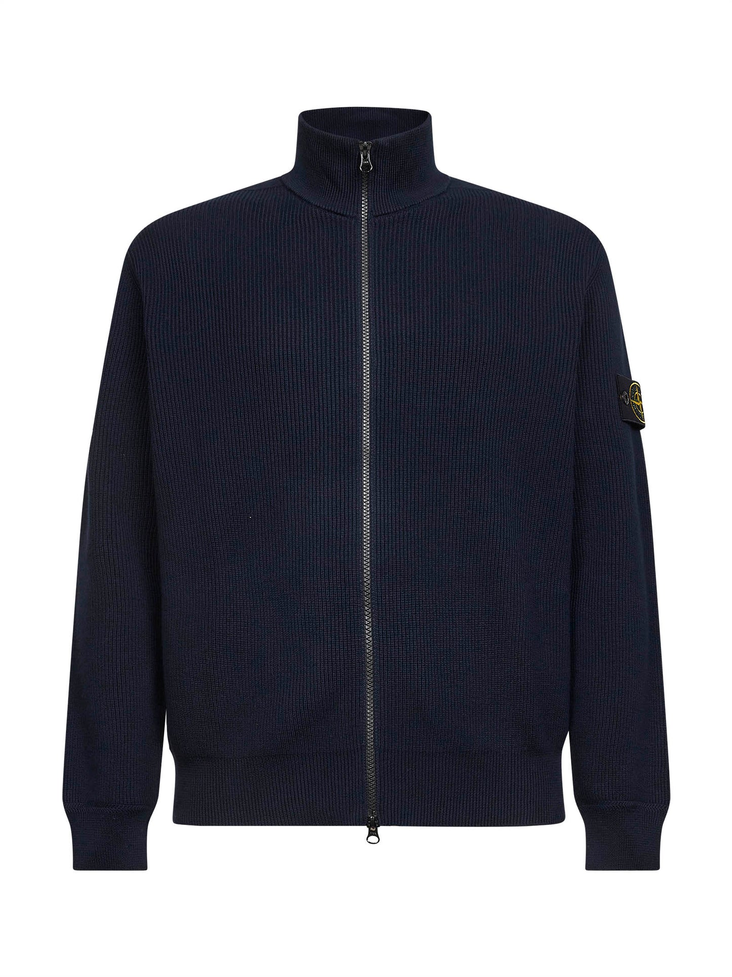 Blue ribbed cotton knit zip-up sweater