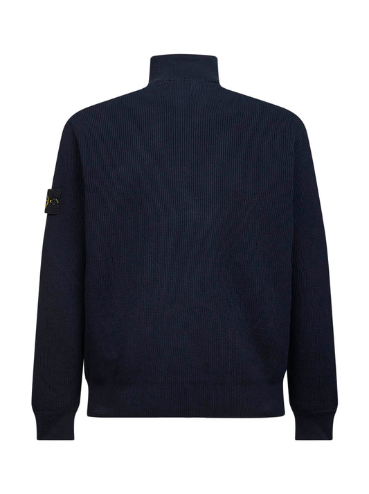 Blue ribbed cotton knit zip-up sweater