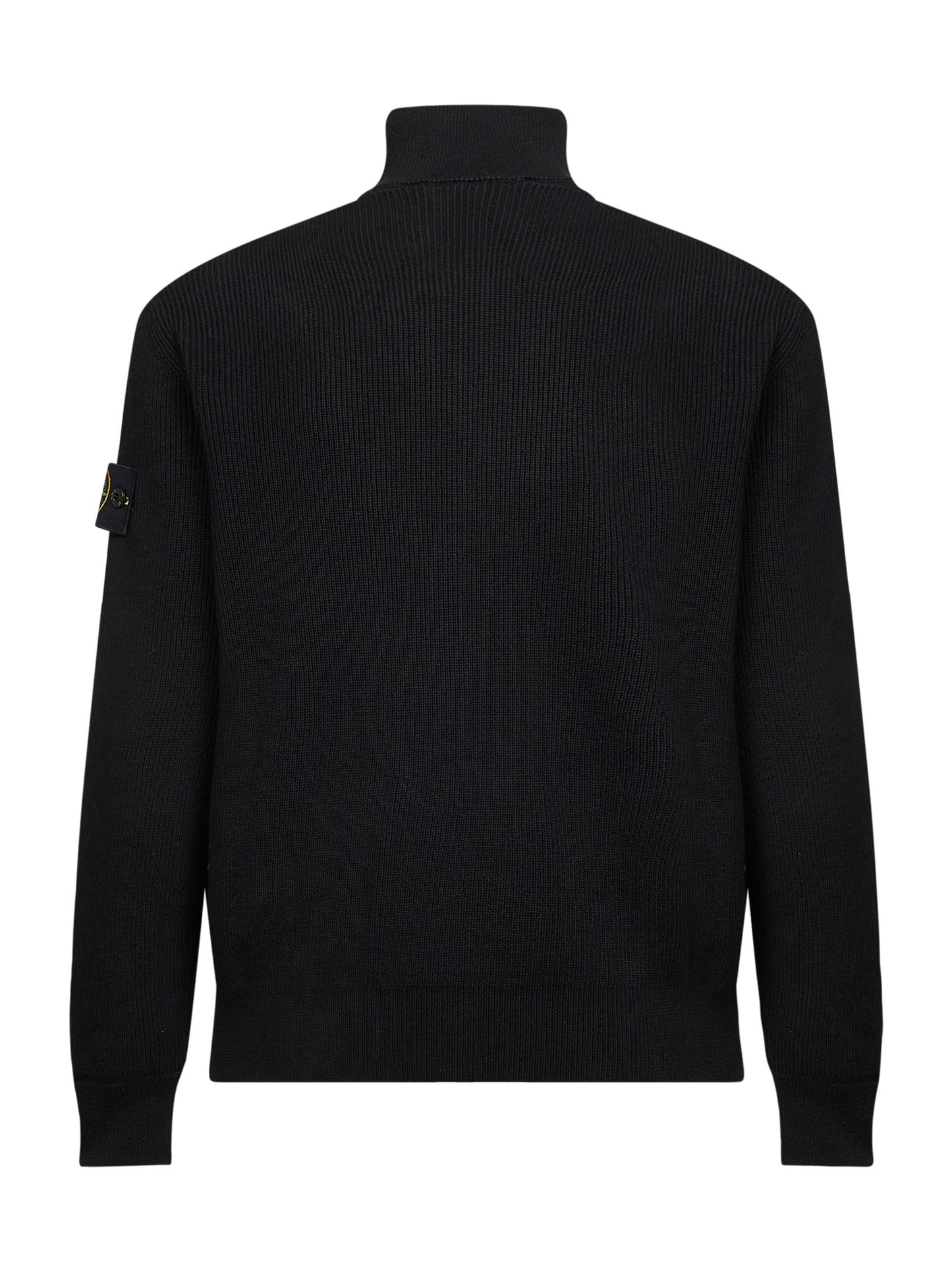 Black ribbed cotton knit zip-up sweater<BR/>