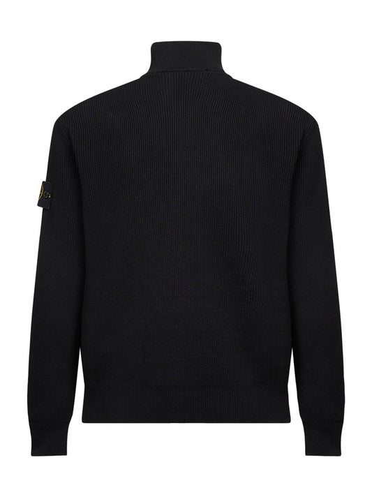 Black ribbed cotton knit zip-up sweater<BR/>