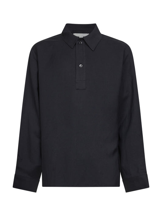 Darkest navy viscose and linen twill Austin polo shirt