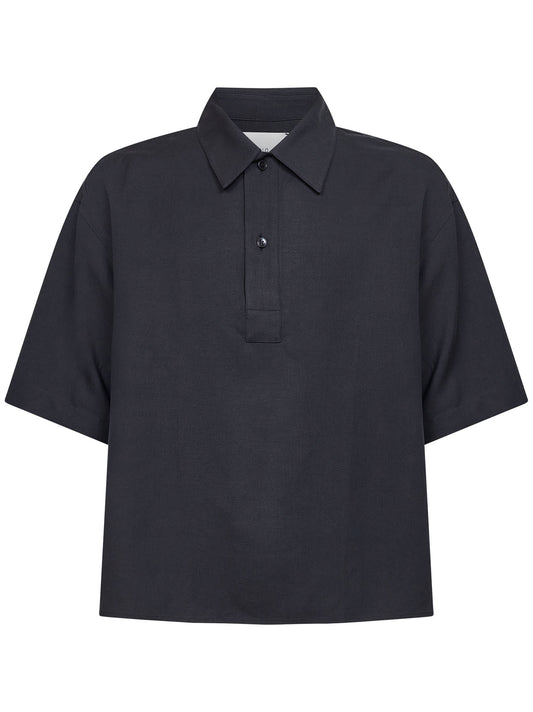 Polo stile camicia Lemmer in viscosa e lino navy scuro