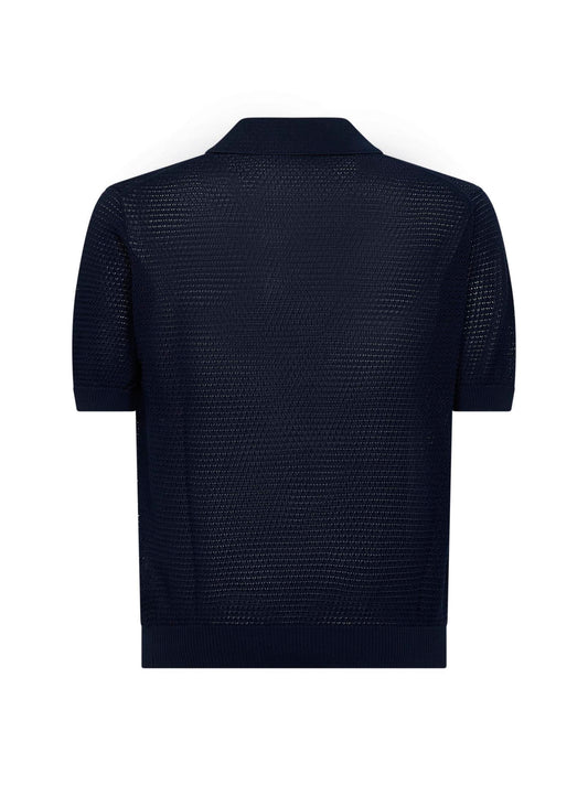 Blue cotton pointelle knit polo shirt