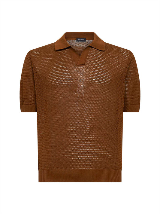 Cognac cotton pointelle knit polo shirt