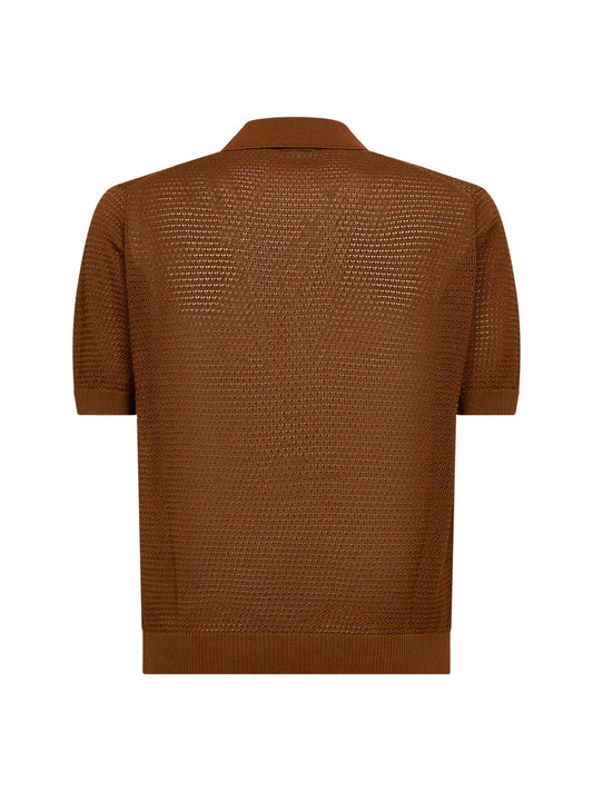 Cognac cotton pointelle knit polo shirt