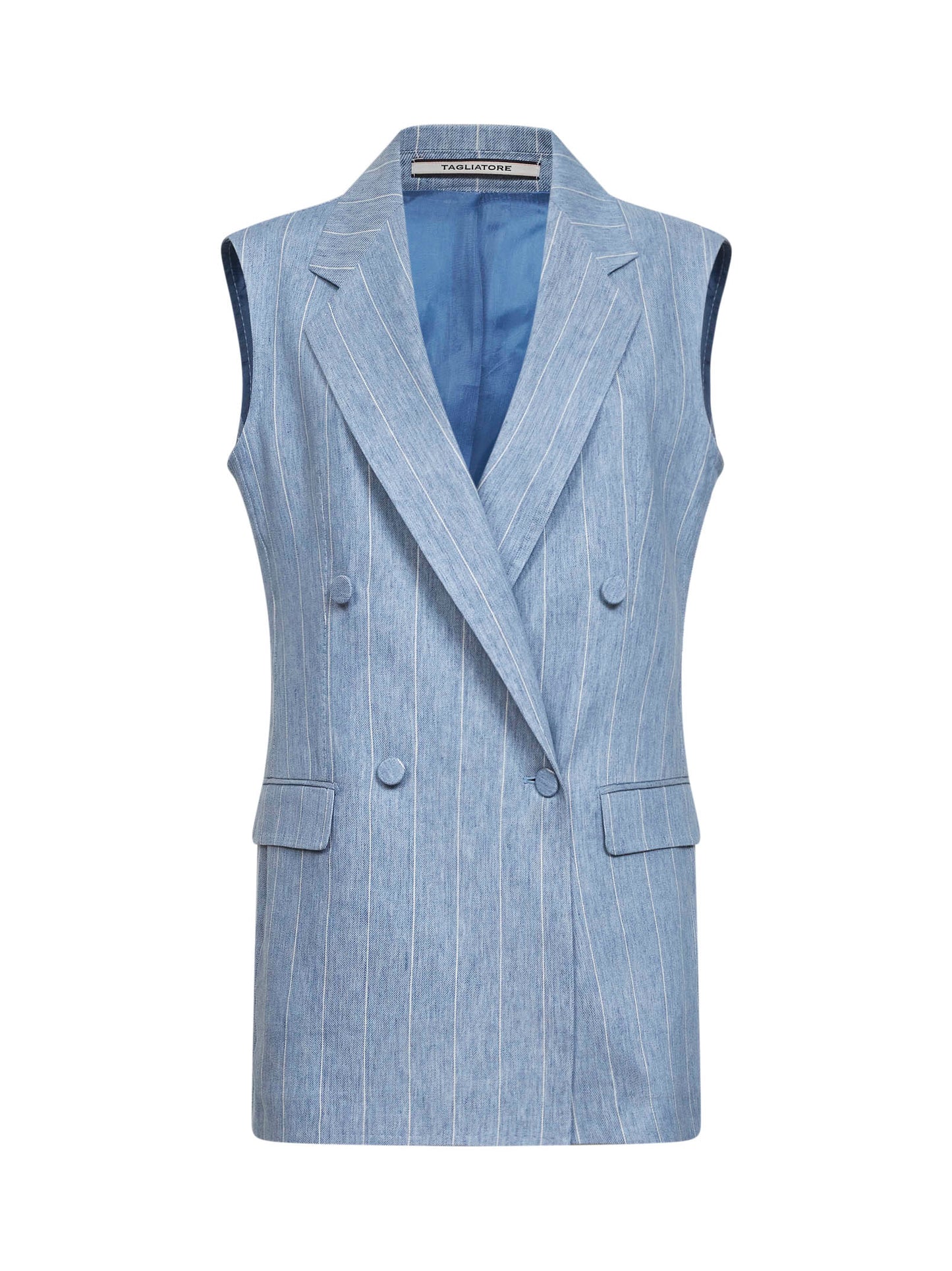 Giacca smanicata in misto lino gessato azzurro