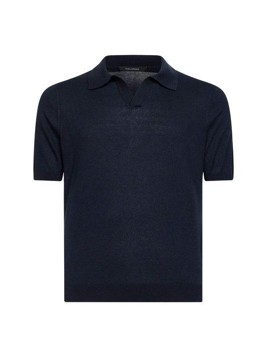 Blue silk knit polo shirt