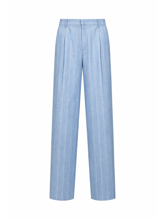 Light blue pinstriped stretch linen blend palazzo trousers