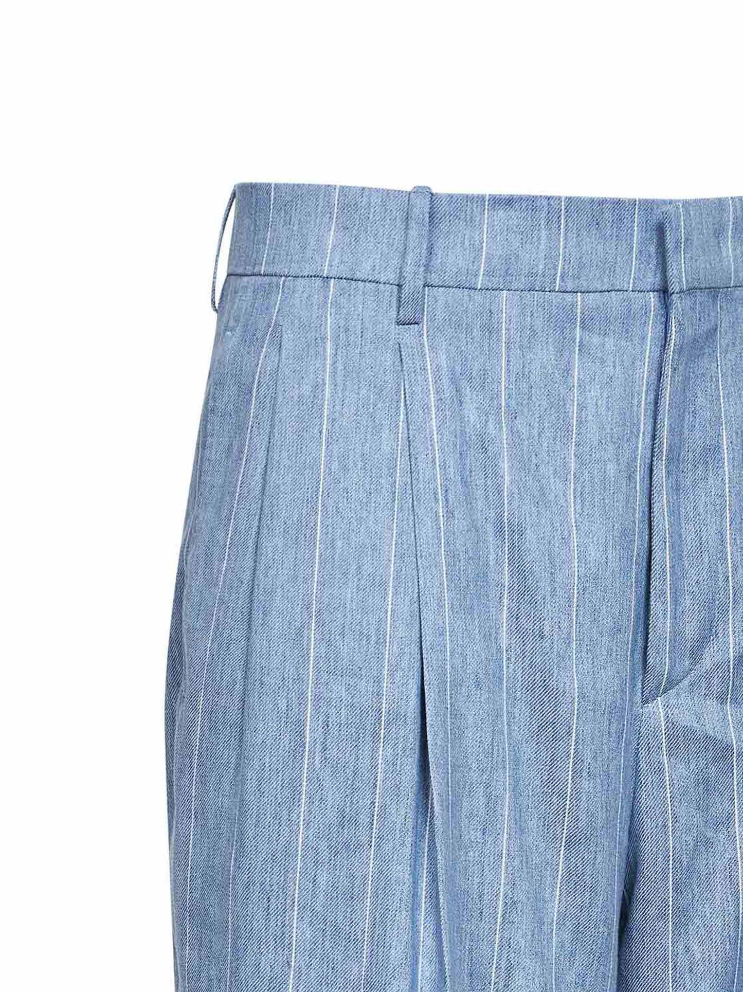 Pantaloni a palazzo in misto lino stretch gessato azzurro