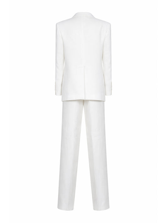 White linen double-breasted suit
