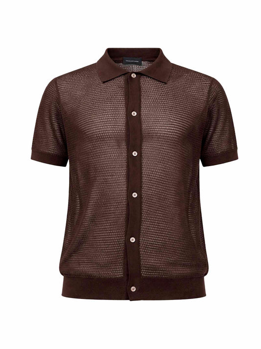 Brown pointelle knit short-sleeved shirt