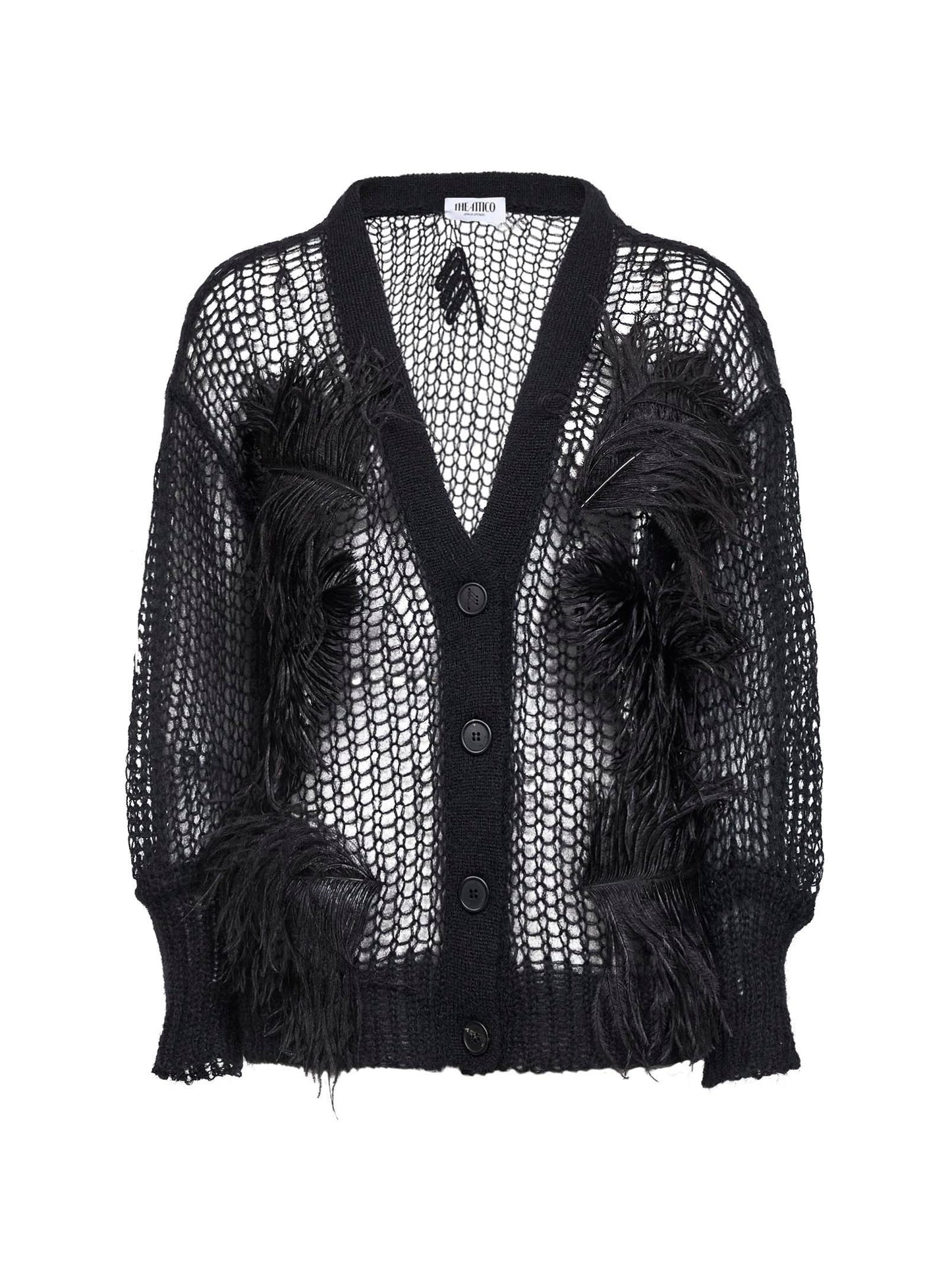 Cardigan in maglia aperta nera con piume