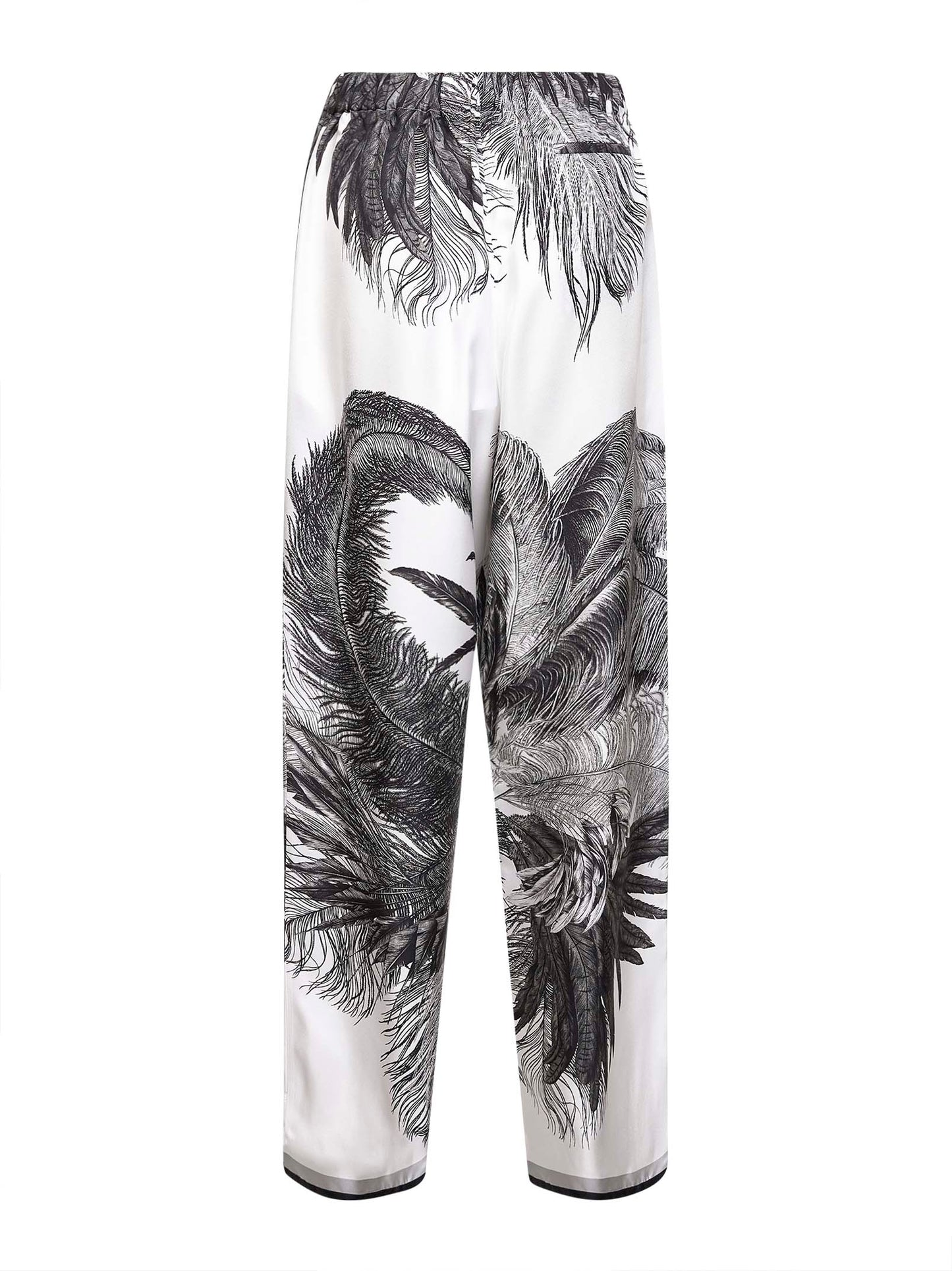 Pantaloni in twill di seta stampa piume