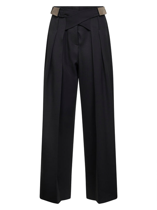 Pantaloni sartoriali in lana vergine nera con fibbie logo