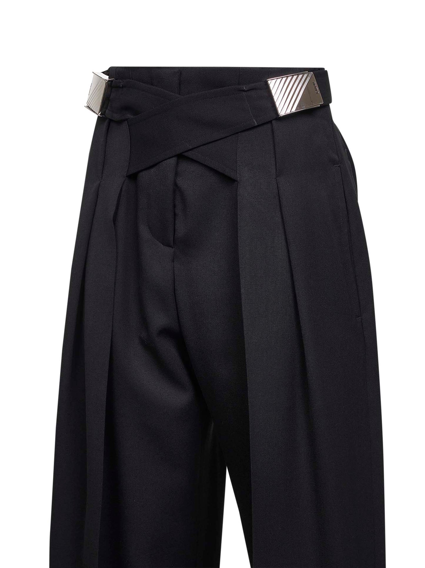 Pantaloni sartoriali in lana vergine nera con fibbie logo