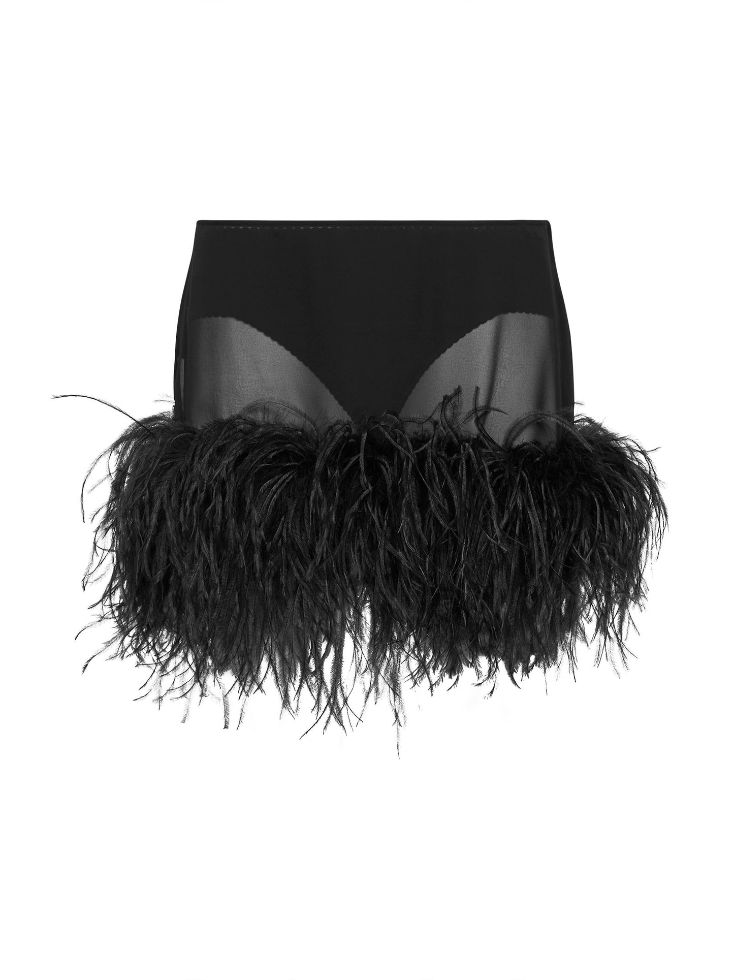 Black georgette miniskirt with embroidered marabou