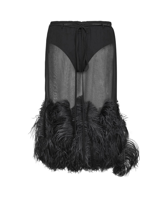 Gonna midi in georgette nera con piume