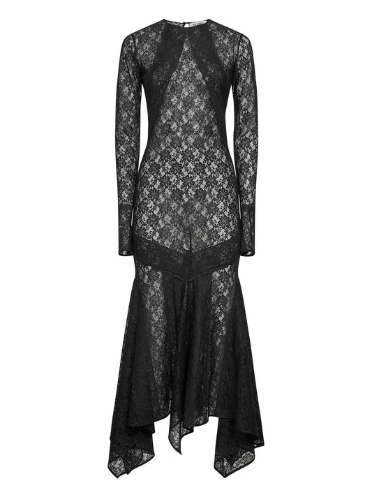 Black stretch lace asymmetric midi dress