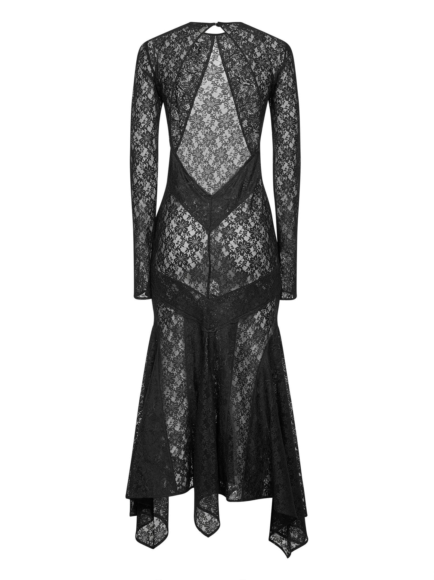 Black stretch lace asymmetric midi dress