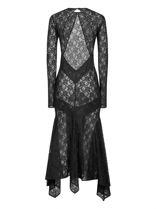 Black stretch lace asymmetric midi dress