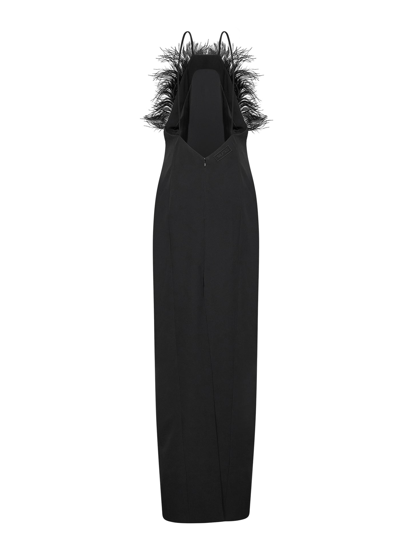 Abito lungo in cady nero con piume di struzzo