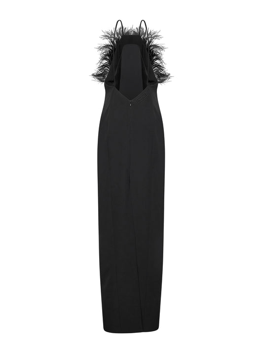 Abito lungo in cady nero con piume di struzzo