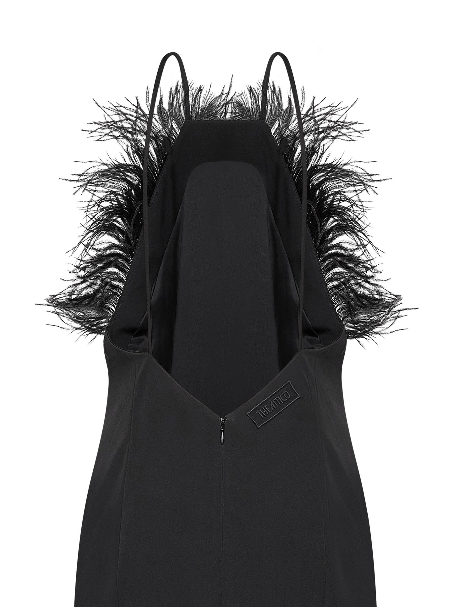 Abito lungo in cady nero con piume di struzzo