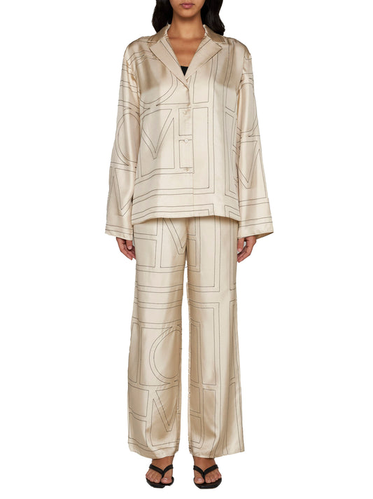 Camicia in seta con monogramma in beige