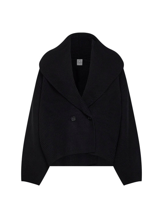 Cardigan con collo a scialle in lana a coste nera