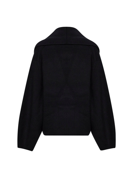 Cardigan con collo a scialle in lana a coste nera