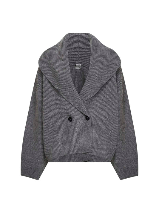 Cardigan con collo a scialle in lana a coste grigio medio