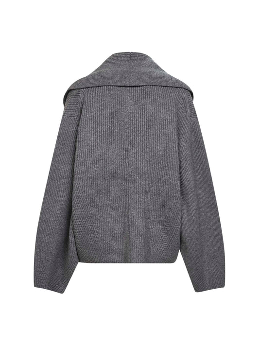 Cardigan con collo a scialle in lana a coste grigio medio