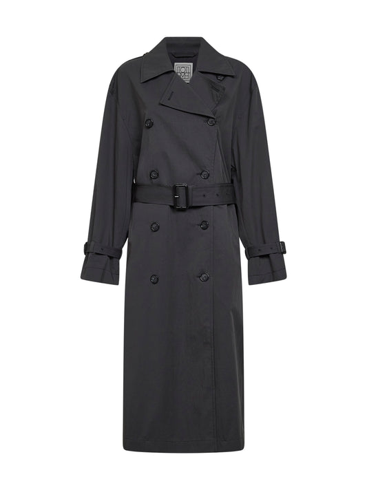 Washed black crisp cotton blend double-breasted trench coat