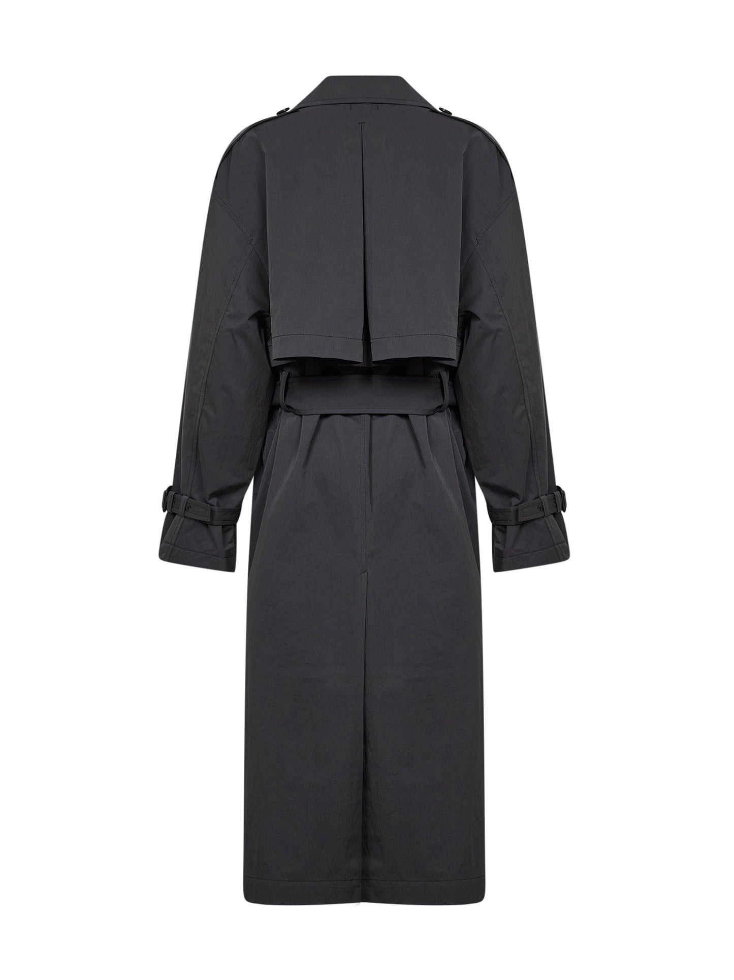 Washed black crisp cotton blend double-breasted trench coat