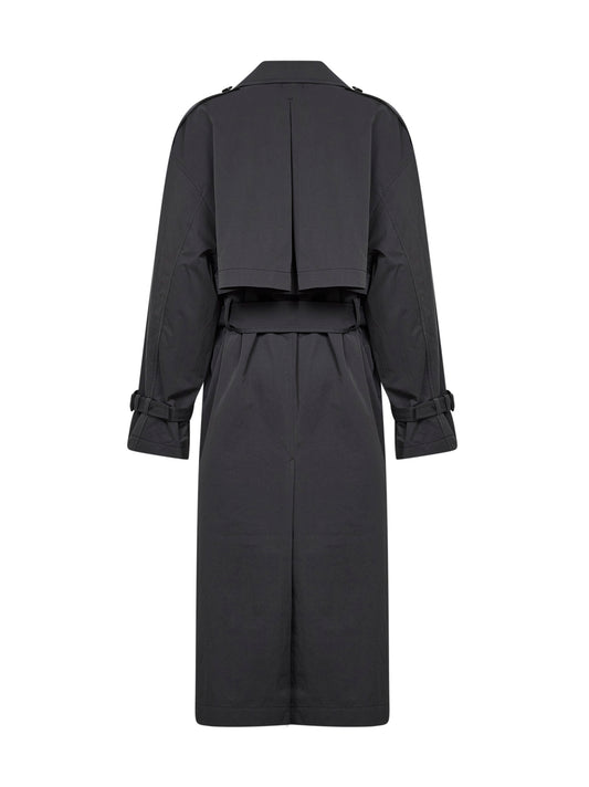 Washed black crisp cotton blend double-breasted trench coat