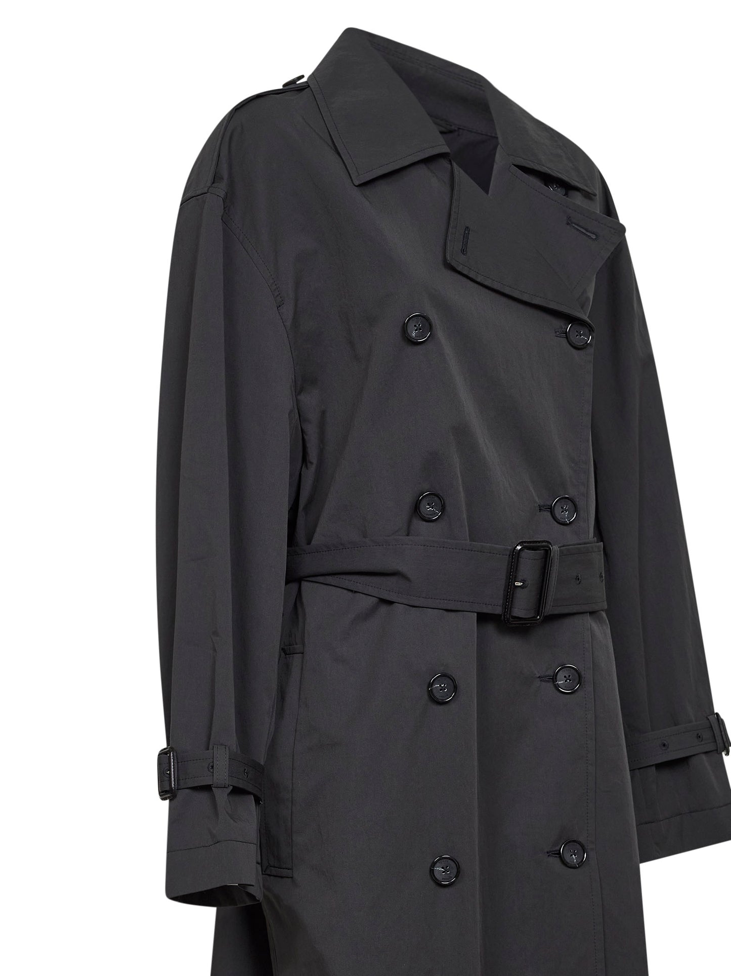 Washed black crisp cotton blend double-breasted trench coat