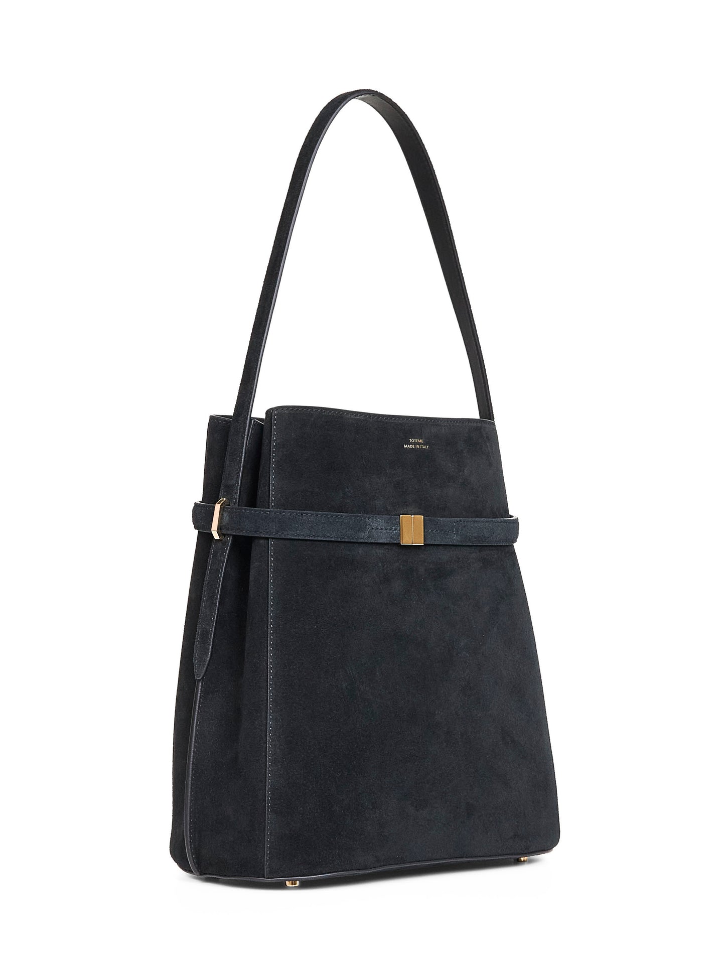 Black belted bucket bag