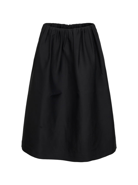 Black wool and silk gathered midi skirt