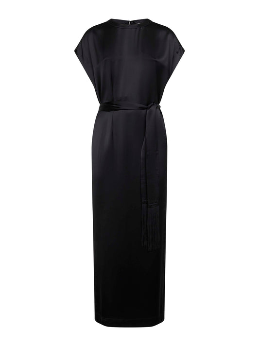 Black viscose satin long belted dress