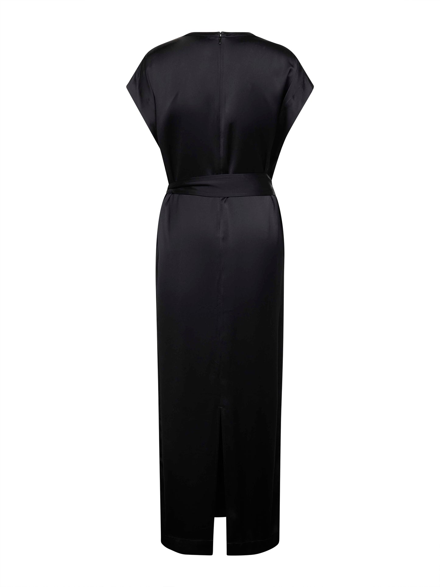 Black viscose satin long belted dress