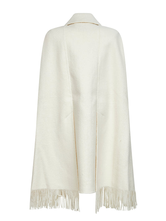 Cappotto a cappa con frange in bouclé bianco<BR/>