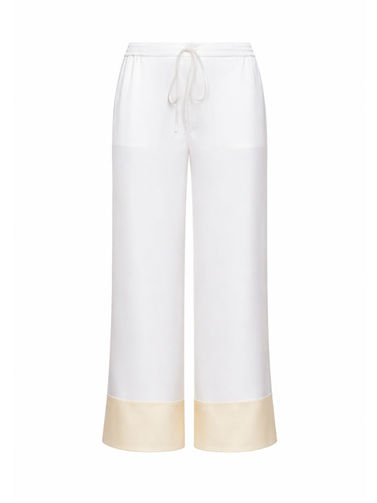 White satin drawstring pajama-style trousers