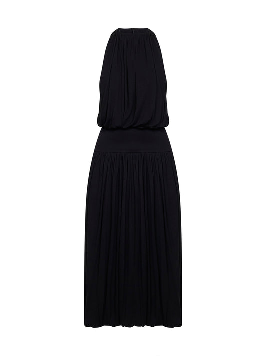 Black fluid viscose gathered midi dress