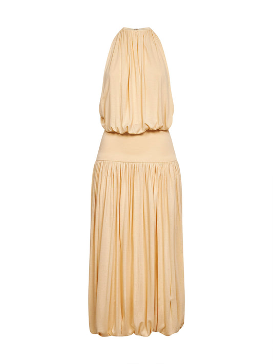Champagne fluid viscose gathered midi dress<BR/>