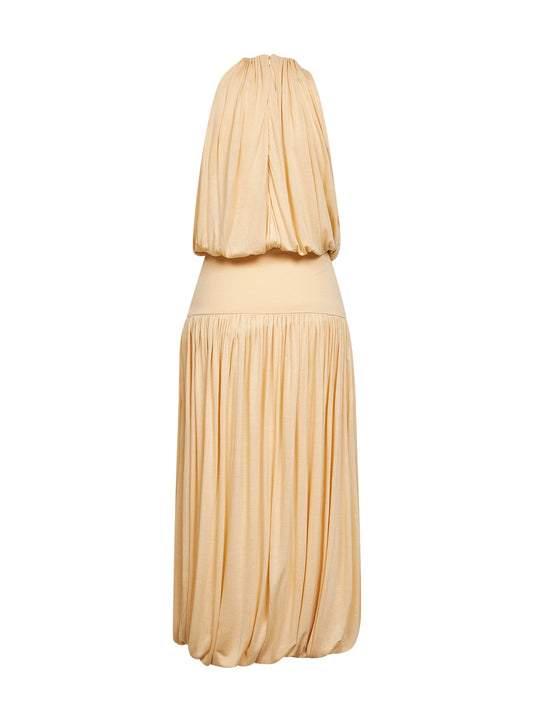 Champagne fluid viscose gathered midi dress<BR/>
