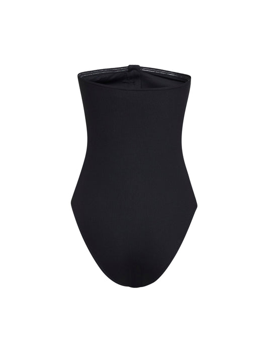 Black ribbed stretch jersey strapless one-piece swimsuit