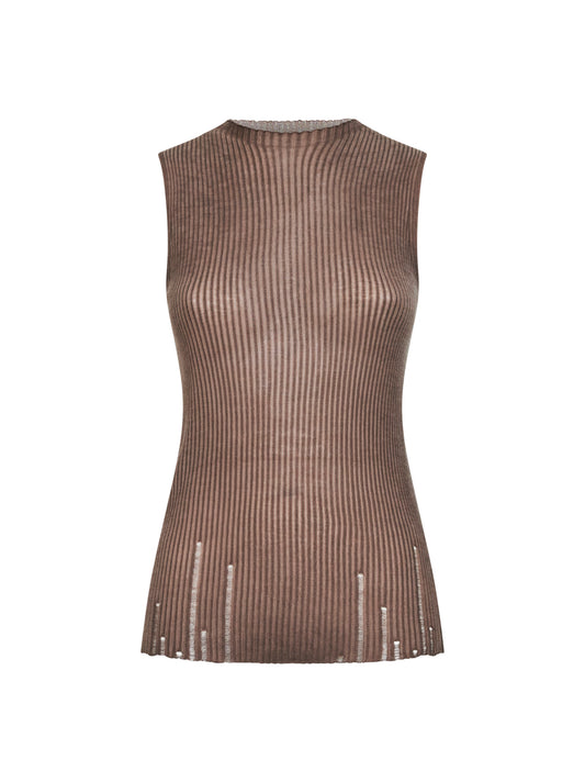 Canotta in maglia di lana a coste marrone