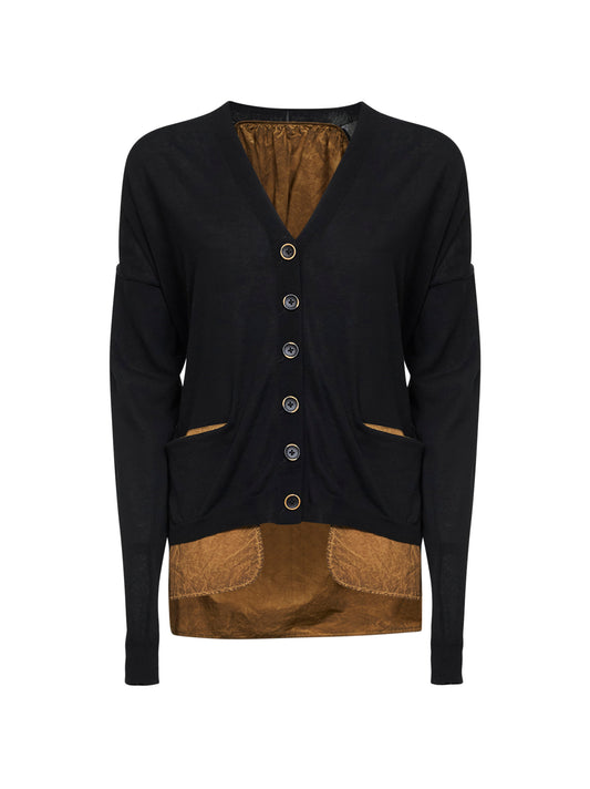 Cardigan combinato in cotone e seta nero e mostarda