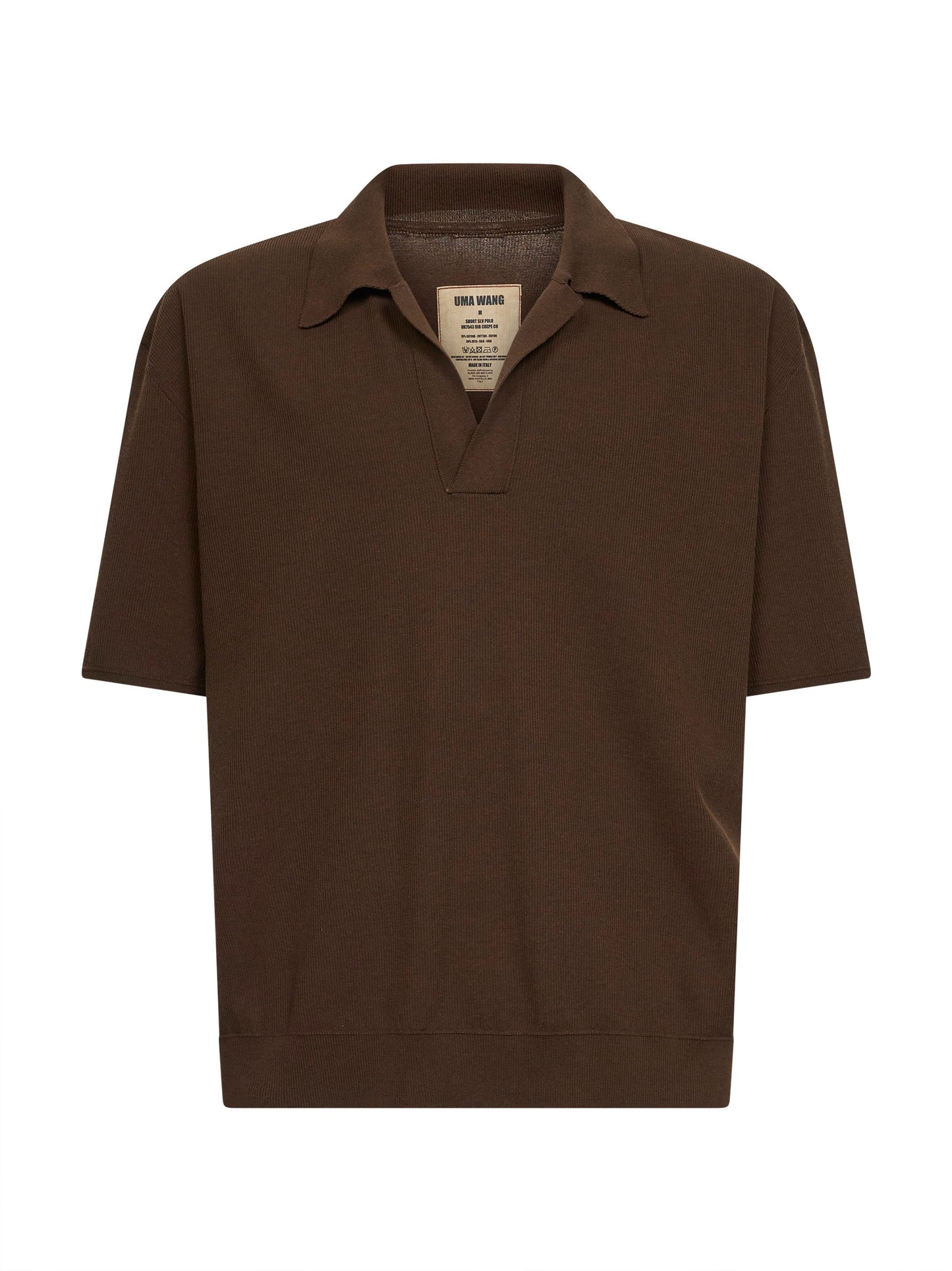 Brown rib wool and silk crepe knit polo shirt