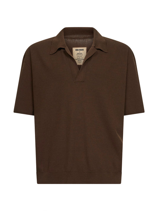 Brown rib wool and silk crepe knit polo shirt